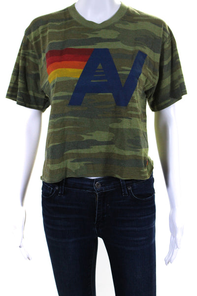 Aviator Nation Womens Short Sleeve Camouflage Graphic Print Tshirt Green Size S