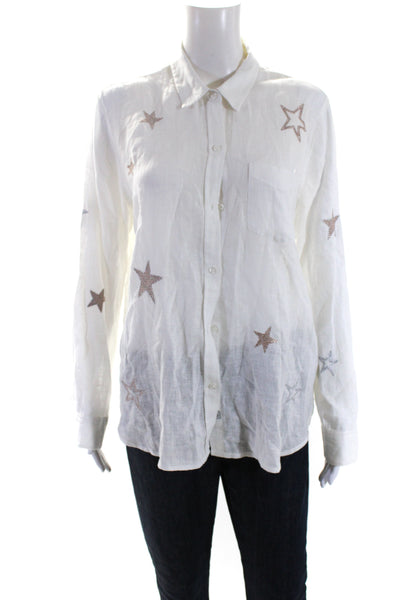 Rails Womens Linen Charli Geometric Embroidered Buttoned Blouse White Size M