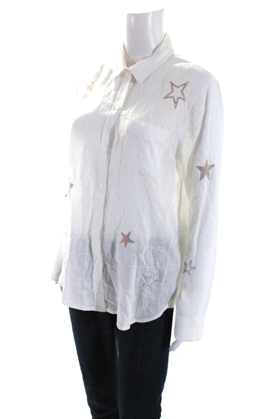 Rails Womens Linen Charli Geometric Embroidered Buttoned Blouse White Size M