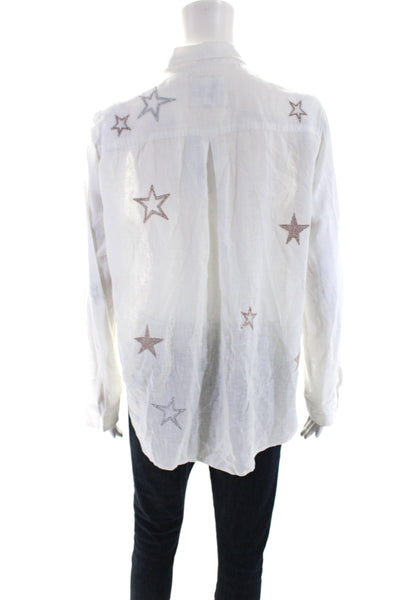 Rails Womens Linen Charli Geometric Embroidered Buttoned Blouse White Size M