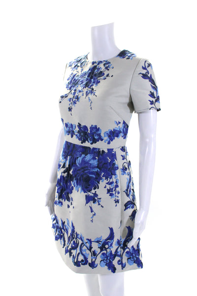 Valentino Womens Short Sleeve Floral Jacquard A Line Dress Blue White Size IT 38