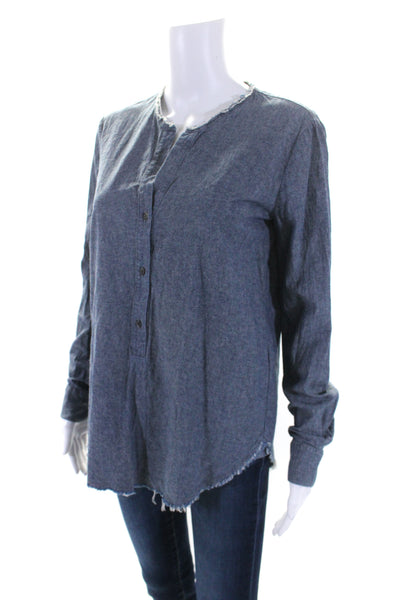 Raquel Allegra Womens Cotton Fringed Trim Round Neck Buttoned Blouse Blue Size 1