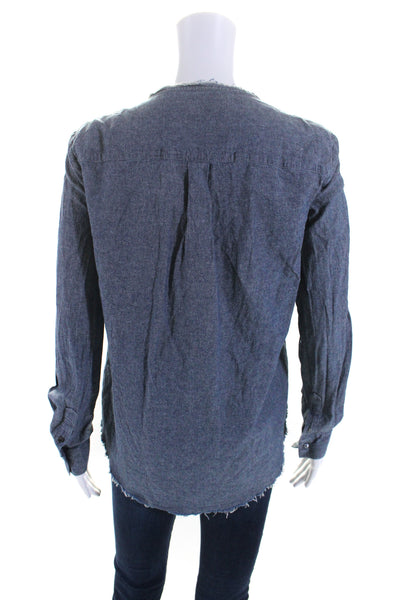 Raquel Allegra Womens Cotton Fringed Trim Round Neck Buttoned Blouse Blue Size 1