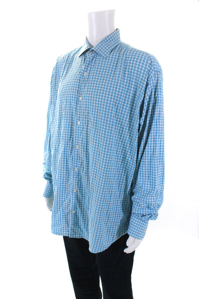 Peter Millar Mens Plaid Button Down Wicking Shirt Blue Size Extra Large