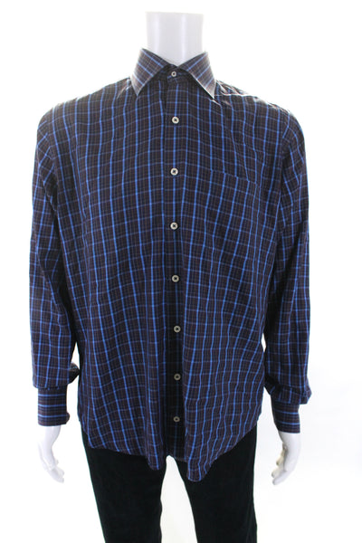 Peter Millar Mens Plaid Long Sleeves Button Down Shirt Blue Cotton Size Large