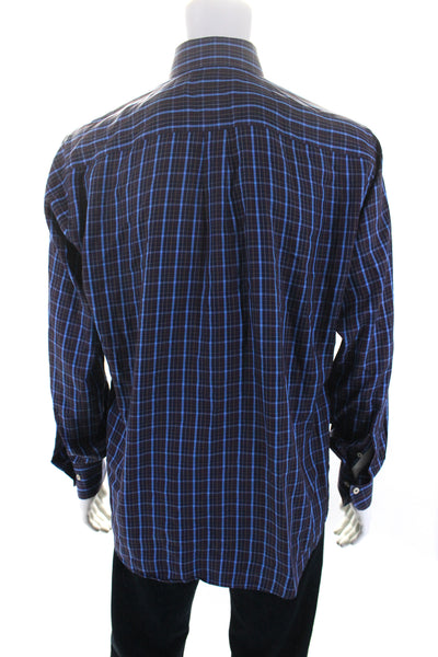 Peter Millar Mens Plaid Long Sleeves Button Down Shirt Blue Cotton Size Large