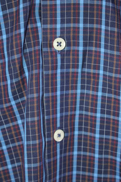 Peter Millar Mens Plaid Long Sleeves Button Down Shirt Blue Cotton Size Large