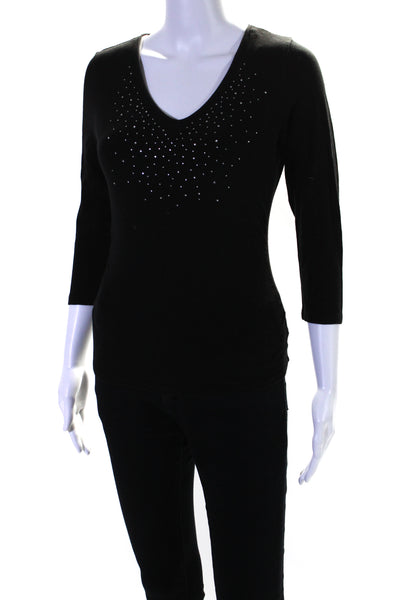 Michael Michael Kors Womens 3/4 Sleeve V Neck Rhinestone Shirt Black Size Medium