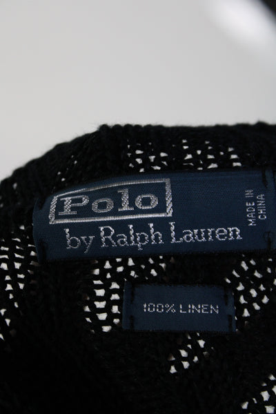 Polo Ralph Lauren Womens V Neck Open Knit Sweater Navy Blue Linen Size Small