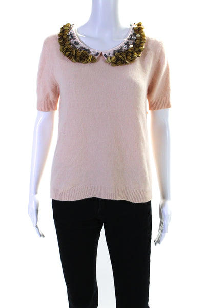 Corey Lynn Calter Womens Short Sleeve Embellished Angora Knit Top Pink Medium