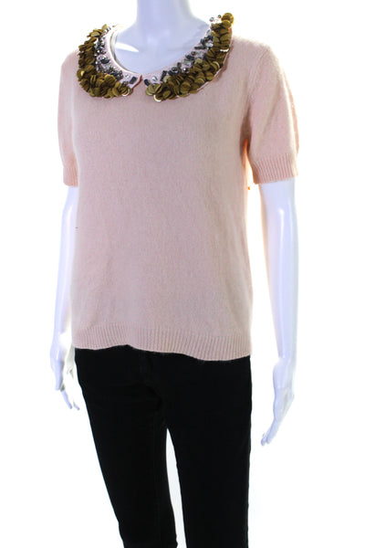 Corey Lynn Calter Womens Short Sleeve Embellished Angora Knit Top Pink Medium