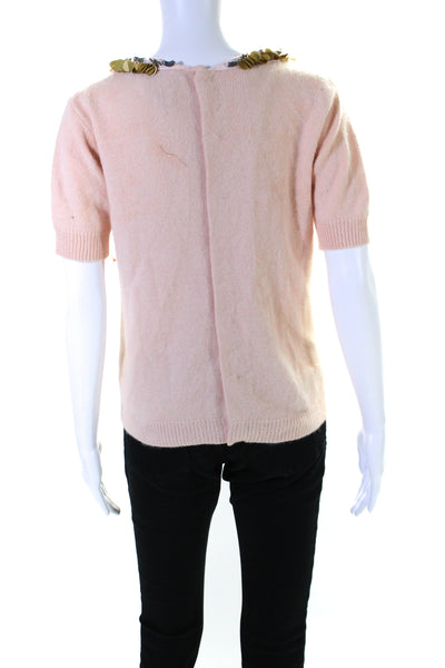 Corey Lynn Calter Womens Short Sleeve Embellished Angora Knit Top Pink Medium