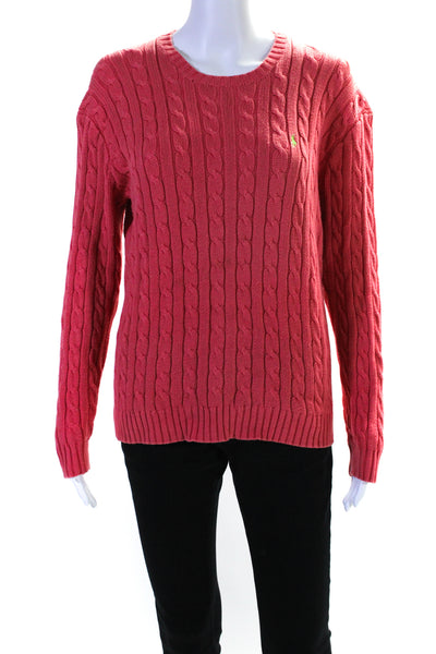 Ralph Lauren Sport Womens Cable Knit Crew Neck Sweater Pink Cotton Size Medium