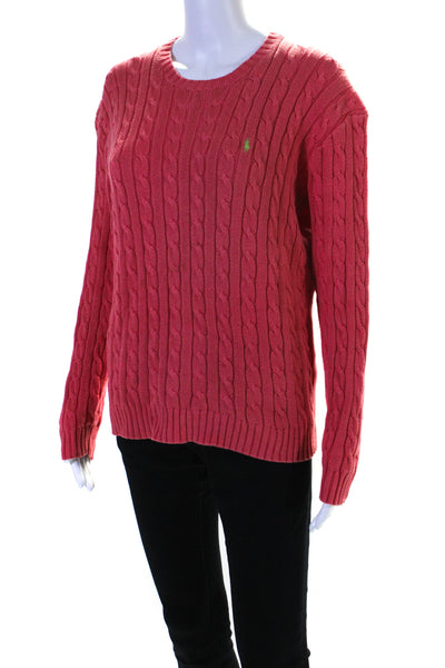 Ralph Lauren Sport Womens Cable Knit Crew Neck Sweater Pink Cotton Size Medium