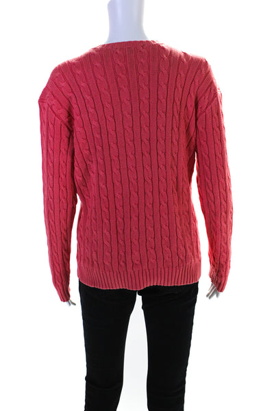 Ralph Lauren Sport Womens Cable Knit Crew Neck Sweater Pink Cotton Size Medium