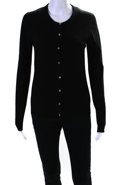 Subtle Luxury Womens Button Up Crew Neck Cashmere Cardigan Sweater Black Small