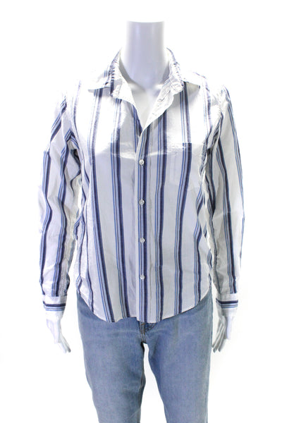 Frank & Eileen Womens Striped Button Up Shirt Blouse Blue White Size XS