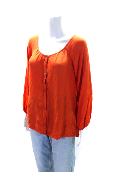 Soft Joie Womens Scoop Neck Flannel Long Sleeve Button Up Top Blouse Orange XS