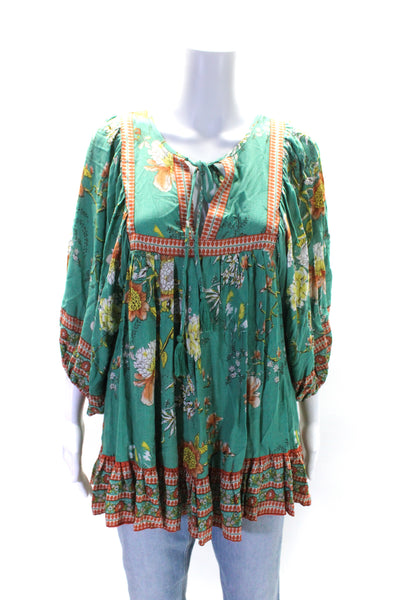 Rachel Zoe Womens Tie Neck Floral 3/4 Sleeve Tunic Blouse Green Orange Small