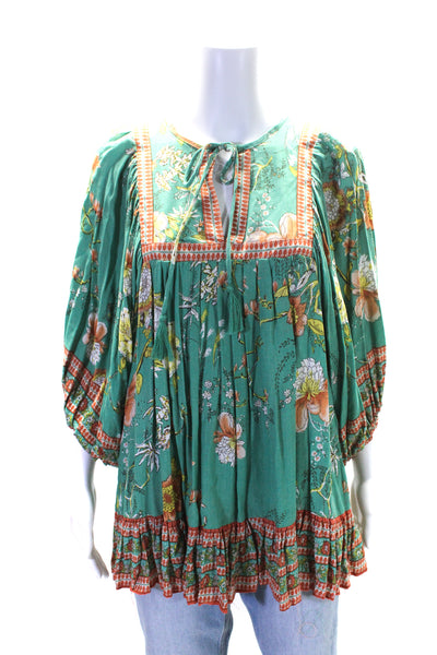 Rachel Zoe Womens Tie Neck Floral 3/4 Sleeve Tunic Blouse Green Orange Small