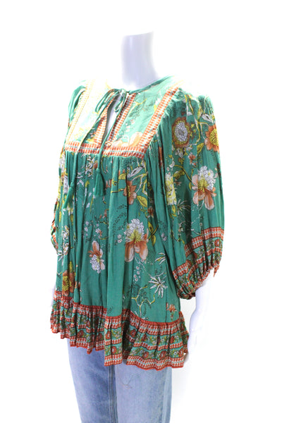 Rachel Zoe Womens Tie Neck Floral 3/4 Sleeve Tunic Blouse Green Orange Small