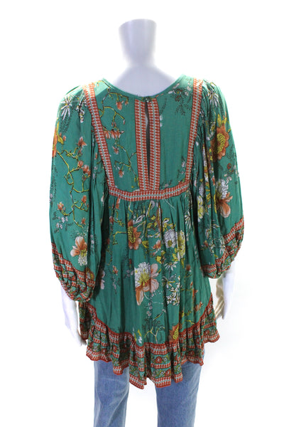 Rachel Zoe Womens Tie Neck Floral 3/4 Sleeve Tunic Blouse Green Orange Small