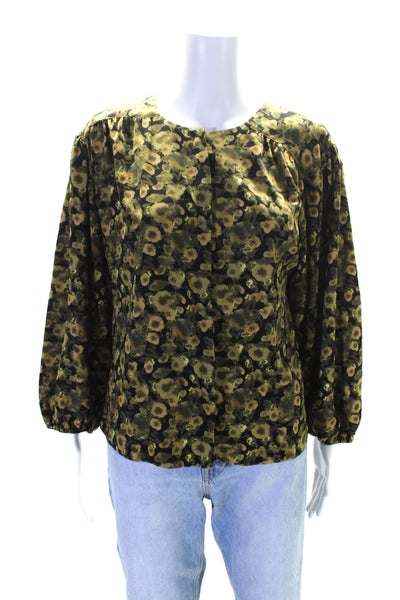 Elizabeth and James Womens Puff Sleeve Button Up Top Blouse Black Green Small