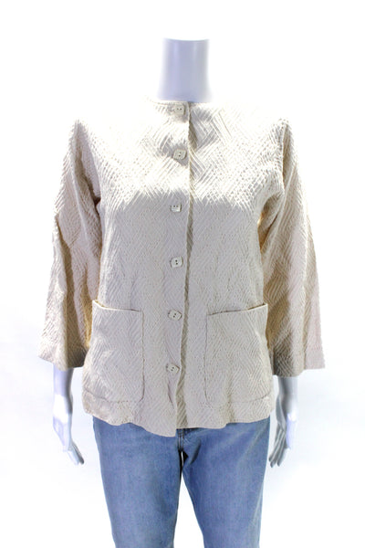 Doncaster Womens Cream Textured Crew Neck Button Down Long Sleeve Jacket Size 4