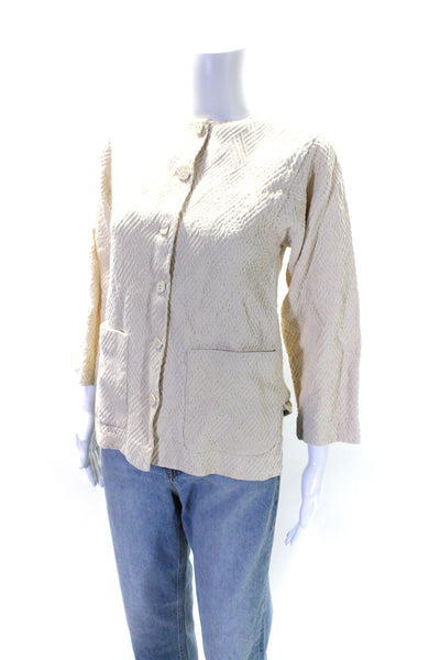 Doncaster Womens Cream Textured Crew Neck Button Down Long Sleeve Jacket Size 4