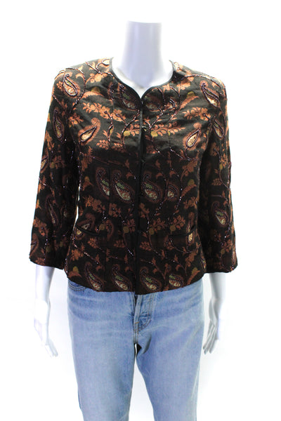 Doncaster Womens Brown Beaded Paisley Print Crew Neck Long Sleeve Jacket Size 2