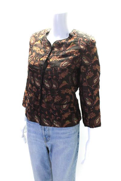 Doncaster Womens Brown Beaded Paisley Print Crew Neck Long Sleeve Jacket Size 2