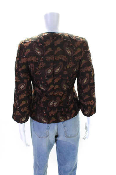 Doncaster Womens Brown Beaded Paisley Print Crew Neck Long Sleeve Jacket Size 2