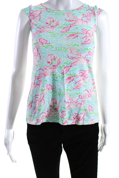 Lilly Pulitzer Girls Cap Sleeve Wavy Lobster Printed Knit Dress Pink Blue 4-5