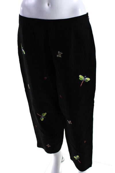 CJ Laing Womens High Rise Bug Embroidered Cropped Linen Pants Black Size 12