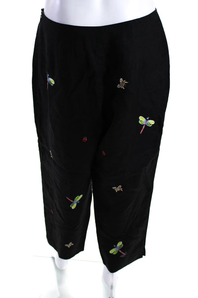 CJ Laing Womens High Rise Bug Embroidered Cropped Linen Pants Black Size 12