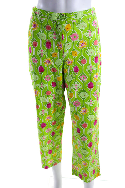 Lilly Pulitzer Womens High Rise Floral Bug Printed Pants Green Pink Size 12