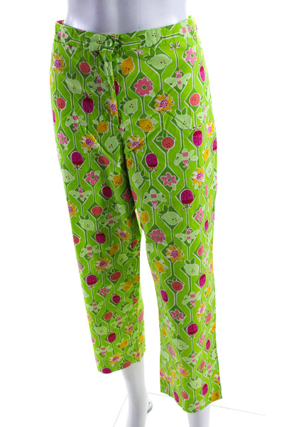 Lilly Pulitzer Womens High Rise Floral Bug Printed Pants Green Pink Size 12