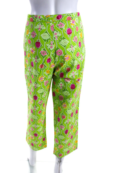 Lilly Pulitzer Womens High Rise Floral Bug Printed Pants Green Pink Size 12