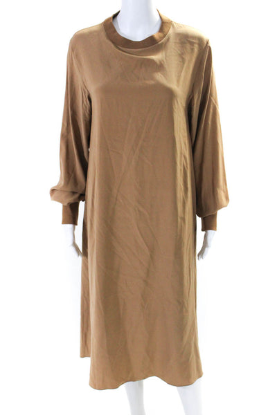 Totokaelo Womens Silk Round Neck Long Sleeve Pullover A-Line Dress Brown Size M