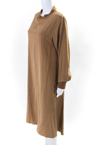 Totokaelo Womens Silk Round Neck Long Sleeve Pullover A-Line Dress Brown Size M