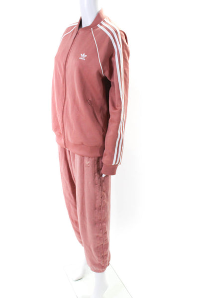 Adidas Womens Striped Zipped Mock Neck Jacket Pants Track Suit Pink Size M L