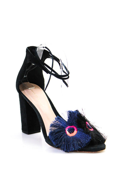 Loeffler Randall Women Fringe Flower Ankle Strap Block Heel Sandals Black Size 9