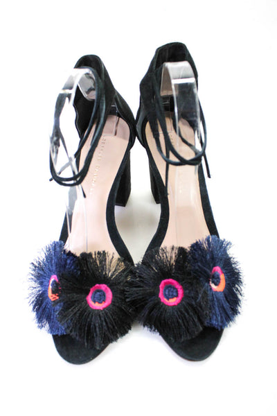 Loeffler Randall Women Fringe Flower Ankle Strap Block Heel Sandals Black Size 9