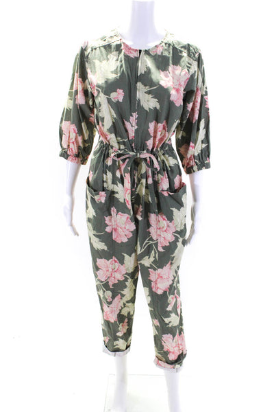 La Vie Womens Green Cotton Floral Crew Neck Zip Long Sleeve Jumpsuit Size S