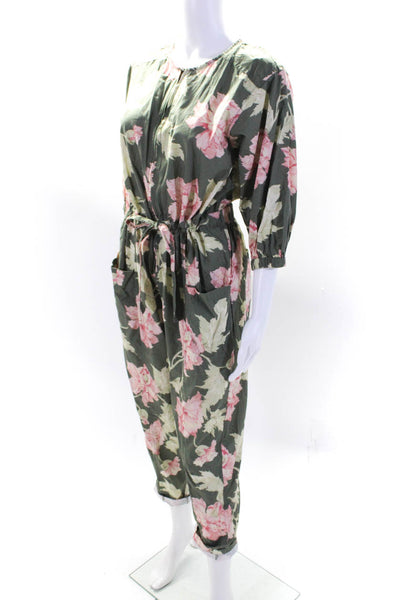 La Vie Womens Green Cotton Floral Crew Neck Zip Long Sleeve Jumpsuit Size S