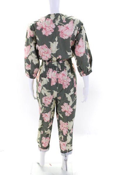 La Vie Womens Green Cotton Floral Crew Neck Zip Long Sleeve Jumpsuit Size S