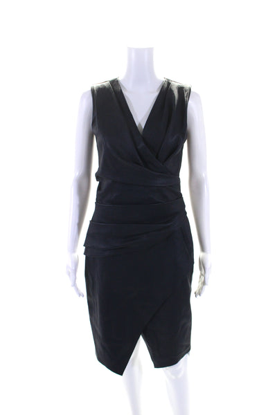 J. Mendel Womens Leather V Neck Front Slit Sleeveless Dress Midnight Blue Size 4