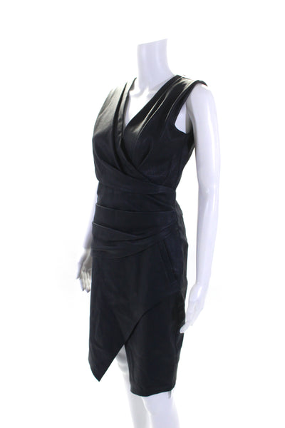 J. Mendel Womens Leather V Neck Front Slit Sleeveless Dress Midnight Blue Size 4