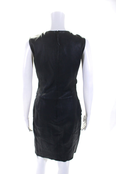 J. Mendel Womens Leather V Neck Front Slit Sleeveless Dress Midnight Blue Size 4