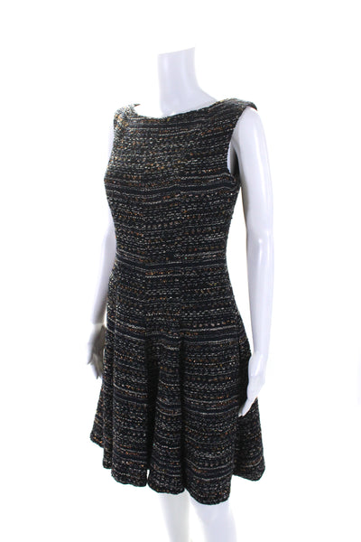 Talbot Runhof Womens Tweed Sleeveless A Line Dress Black Blue Cotton Size 8